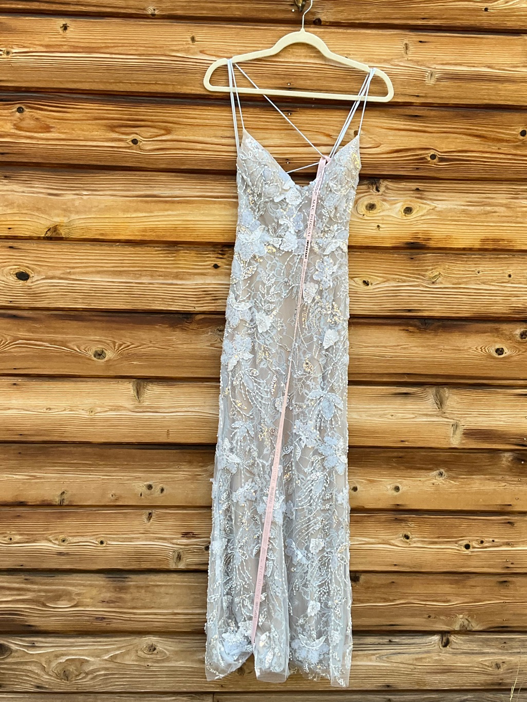 Nwot Mac Duggal Blue Size 4 Sleeveless Sequin Beaded Open Back Column Gown Flaw — image 4 of 8